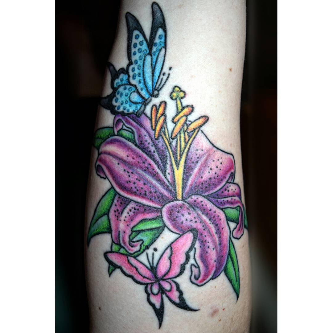 Beautiful Butterfly Tattoo with Lily Flower