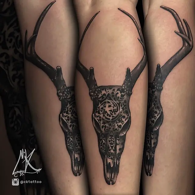 Black and Gray Deer Skull Tattoos