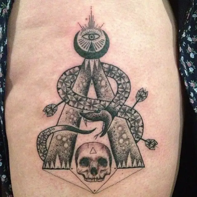 Black and Grey Snake Moon Pyramid Tattoos with Skull