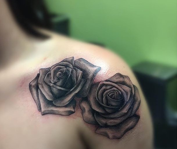 Black and grey shoulder rose tattoo ideas