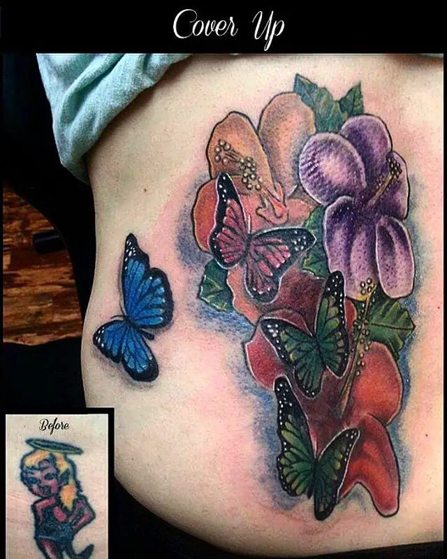 Butterfly Cover up Tattoos with Flower