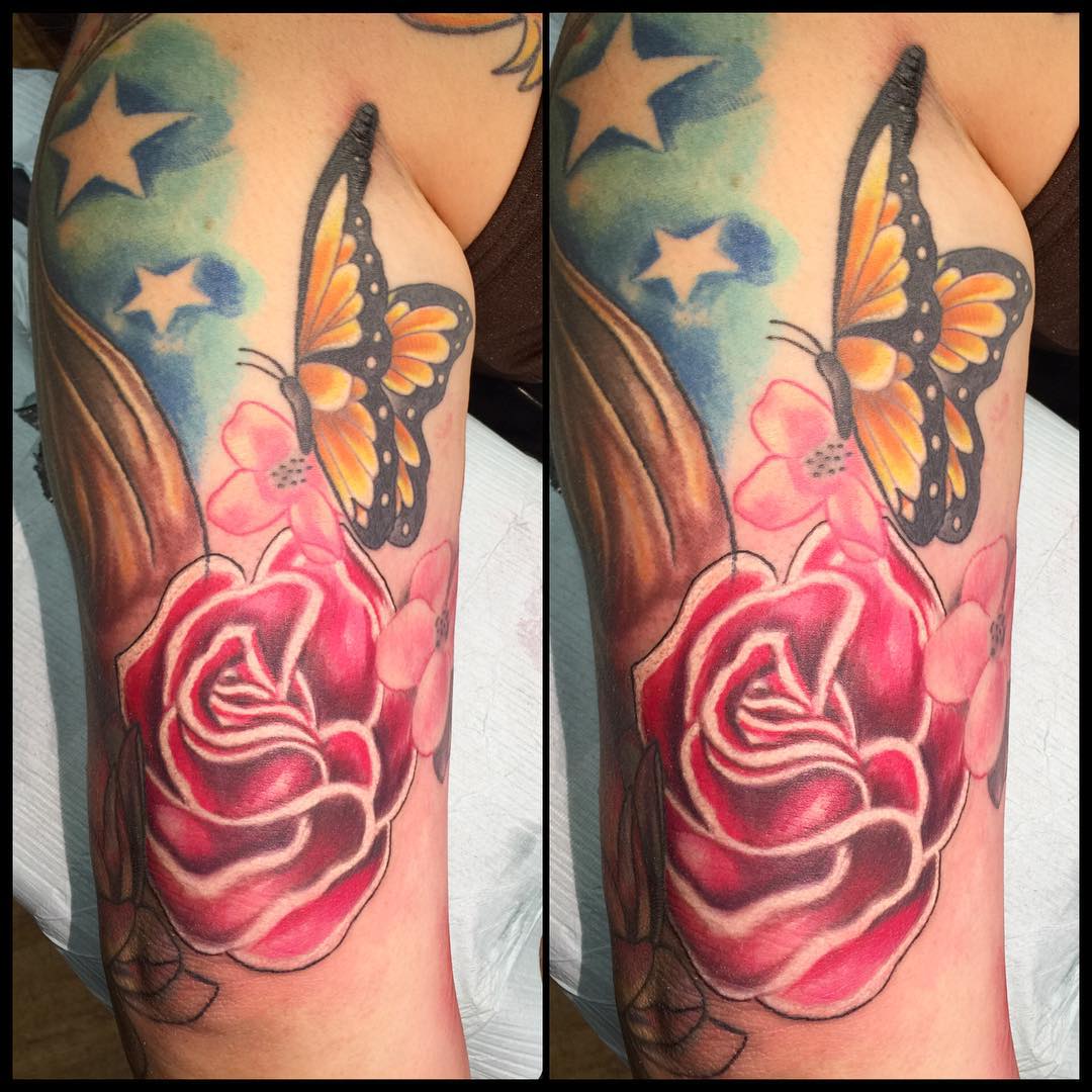 Butterfly Tattoo with Rose Flower