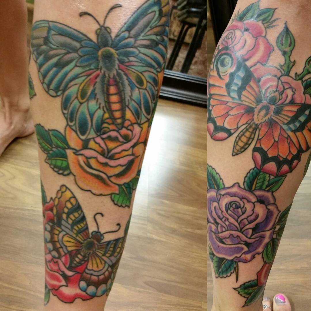 Butterfly Tattoos on Leg with Flower
