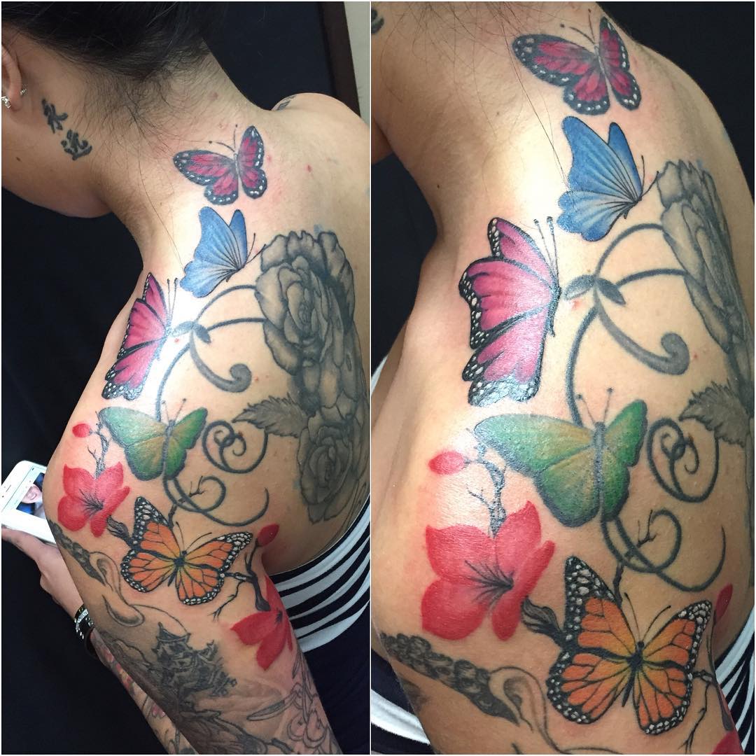 Butterfly Tattoos with Cherry Blossom Flowers