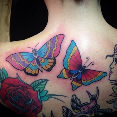 Butterfly Tattoos with Flower Designs on Back via