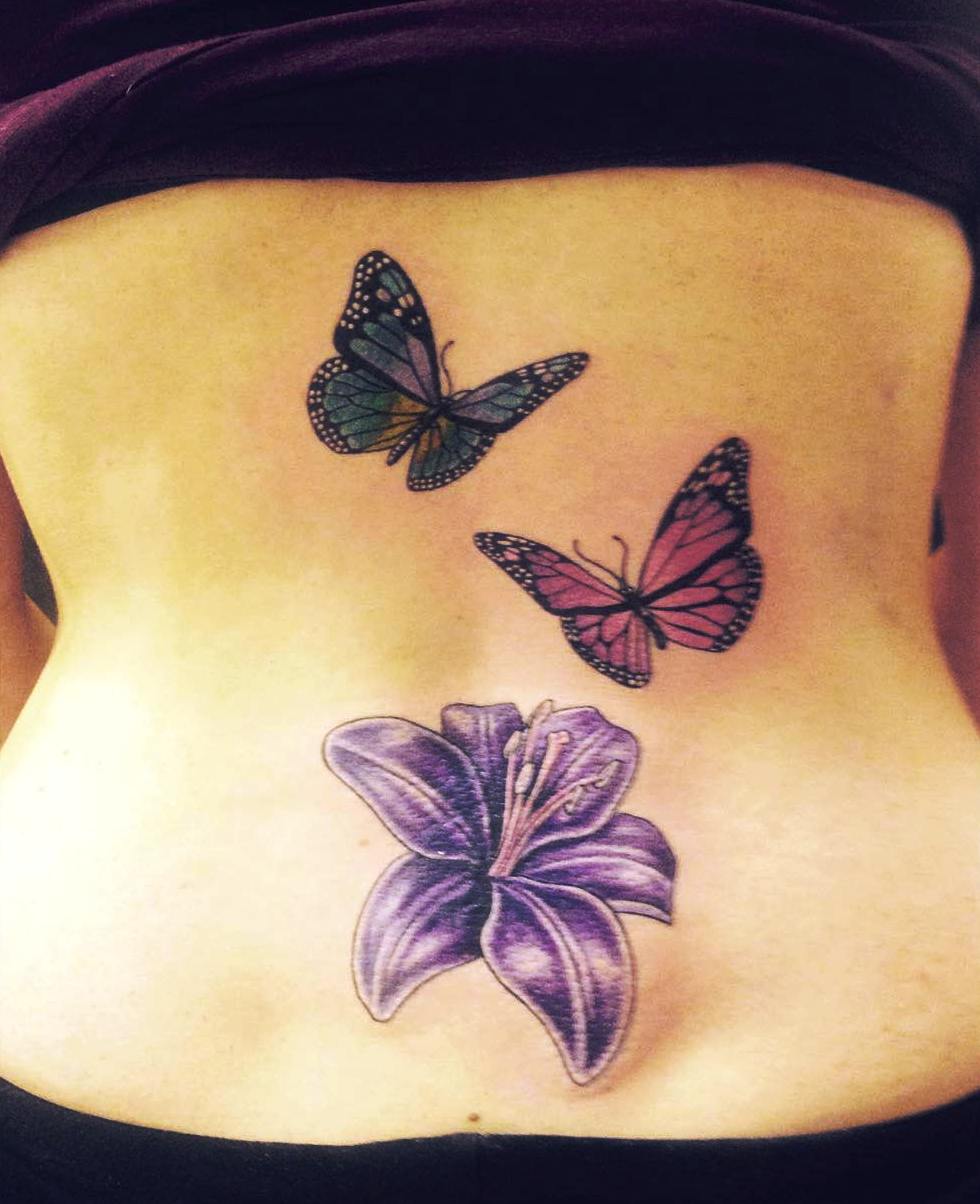 Butterfly Tattoos with Flower on Lower Back
