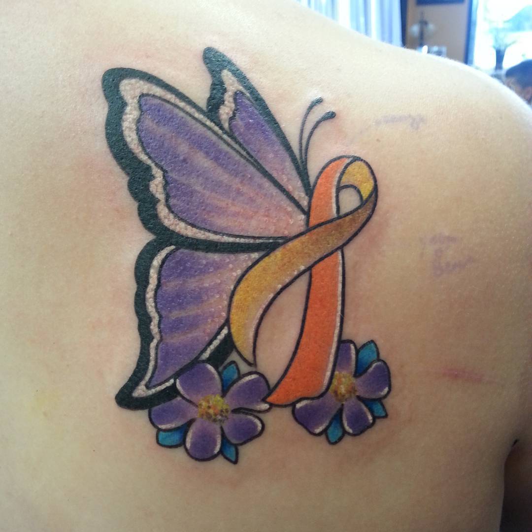 Butterfly Tattoos with Flowers and Ribbon