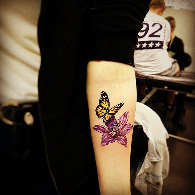 Butterfly Tattoos with Flowers on Inner Arm