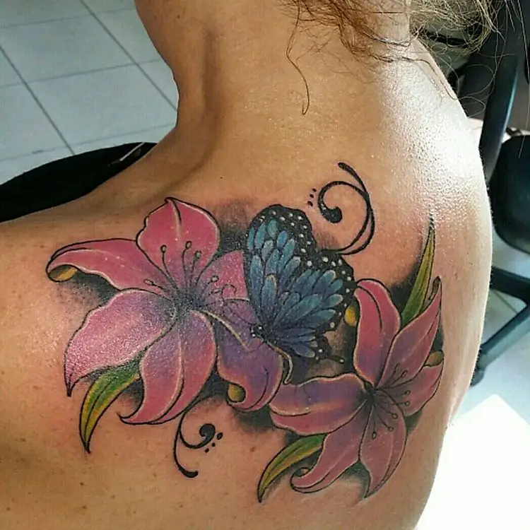 Butterfly Tattoos with Flowers on Upper Back