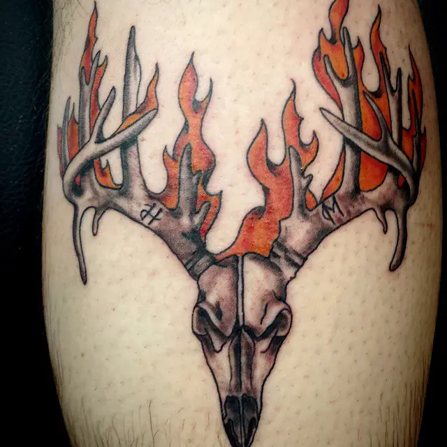 Deer Skull Tattoos with Flames