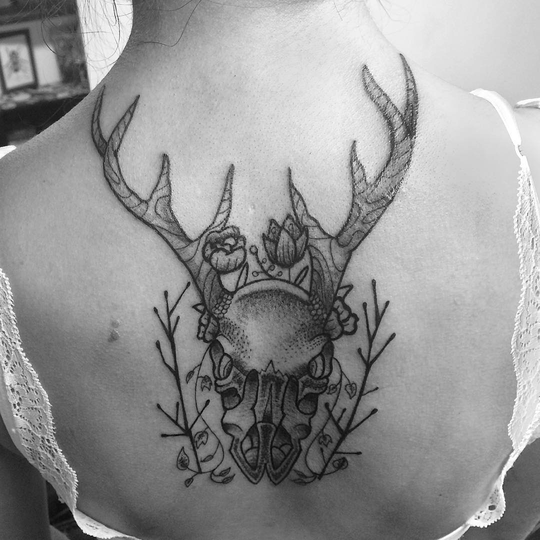 Deer Skull Tattoos with Flowers on Back