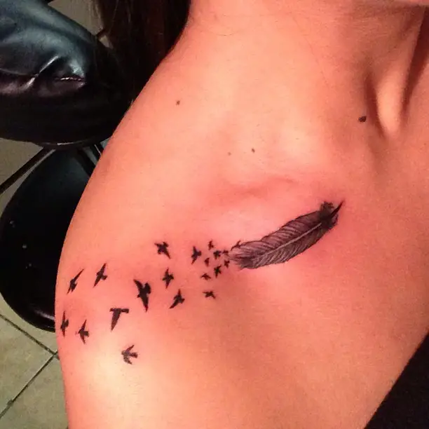 Feather and birds collar bone tattoos