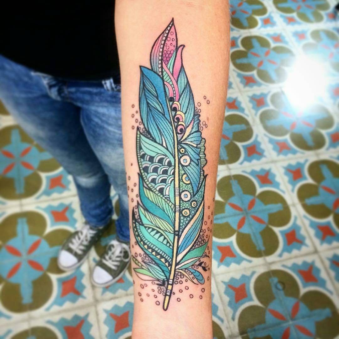 Feather tattoos with color for women