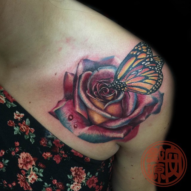 Feminine Rose Flower and Butterfly Tattoo