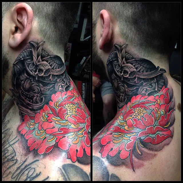 Japanese red flower tattoo on neck