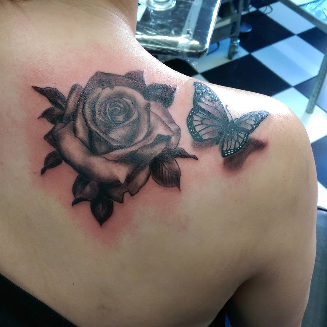 Realistic Rose and Butterfly Tattoo