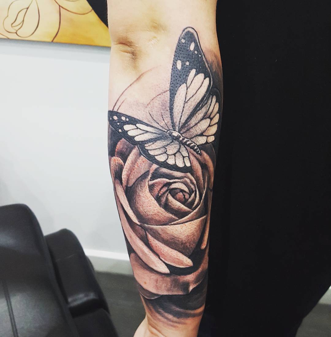 Rose Flower and Butterfly Tattoo