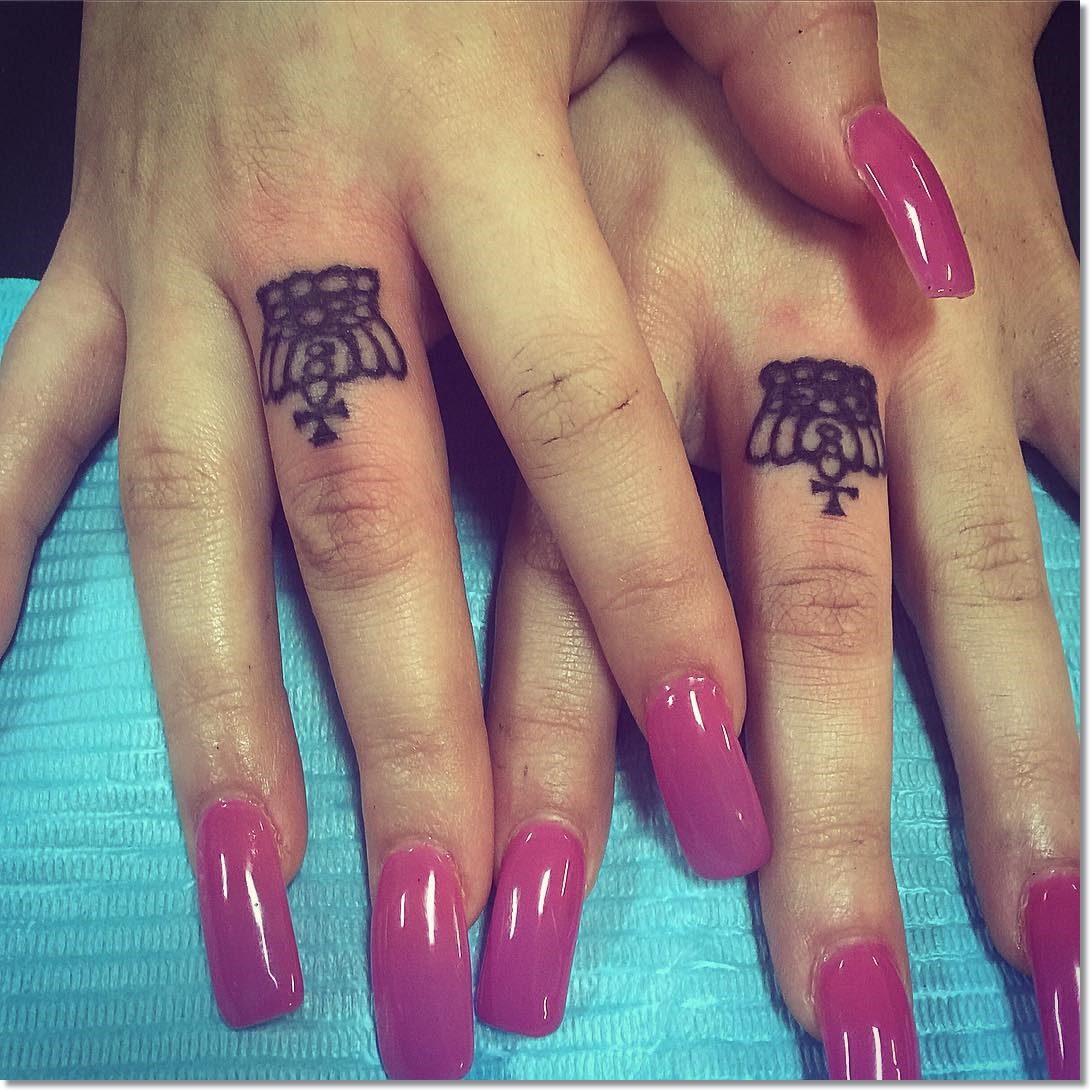 Small Matching Crown Tattoo on Finger for Women