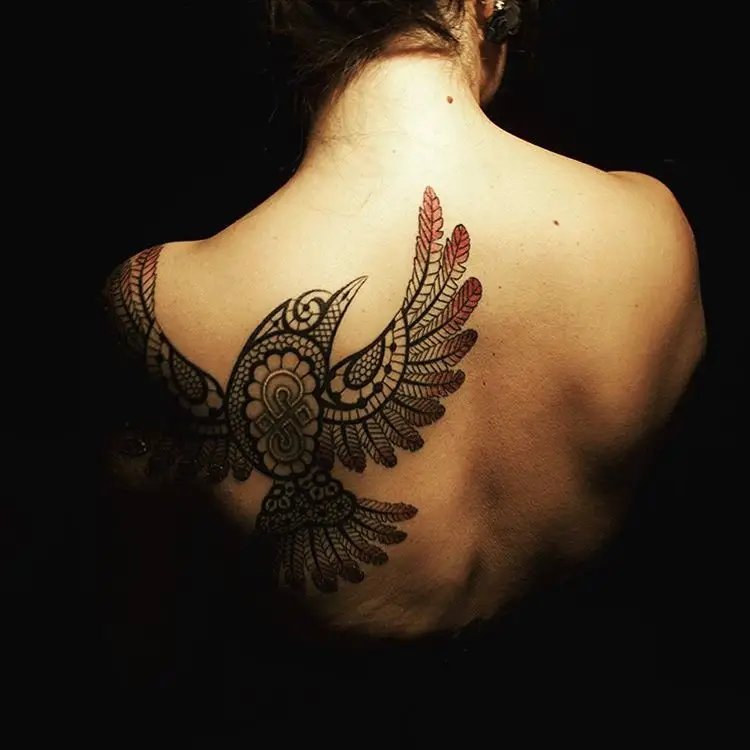 Tribal Bird Lace Tattoo on back for Women