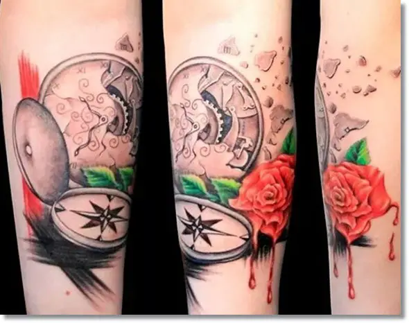 best broken pocket watch tattoo design with flower