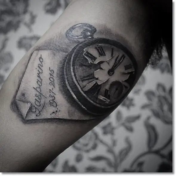 black and grey broken pocket watch tattoo design ideas