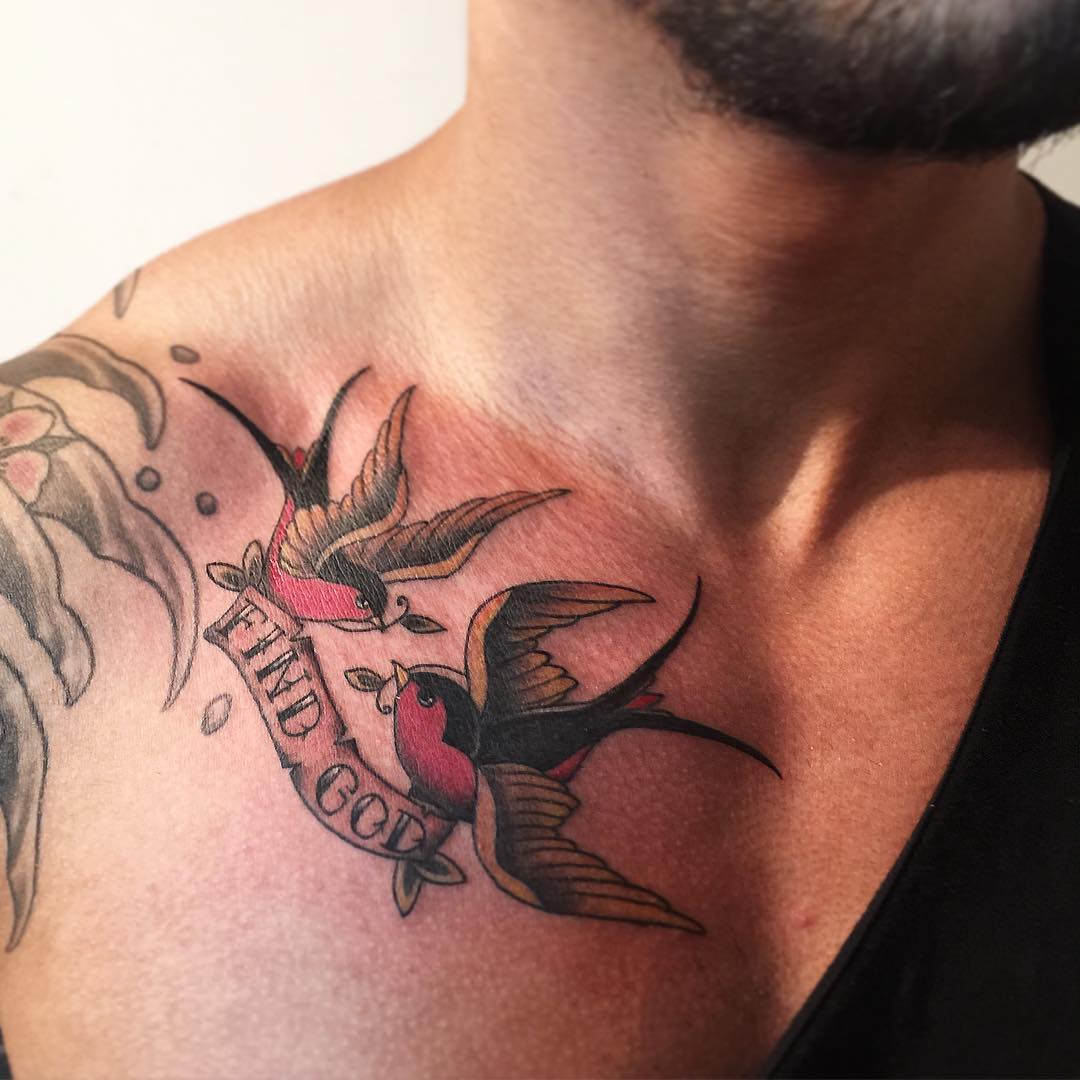 collar bone bird tattoo for men