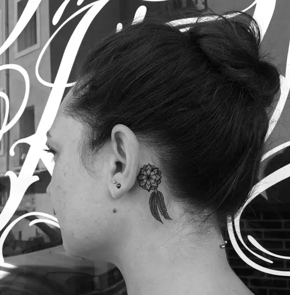 dreamcatcher tattoo behind ear for women