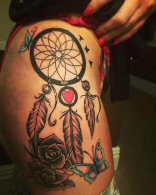 dreamcatcher tattoo designs on the thigh for girls
