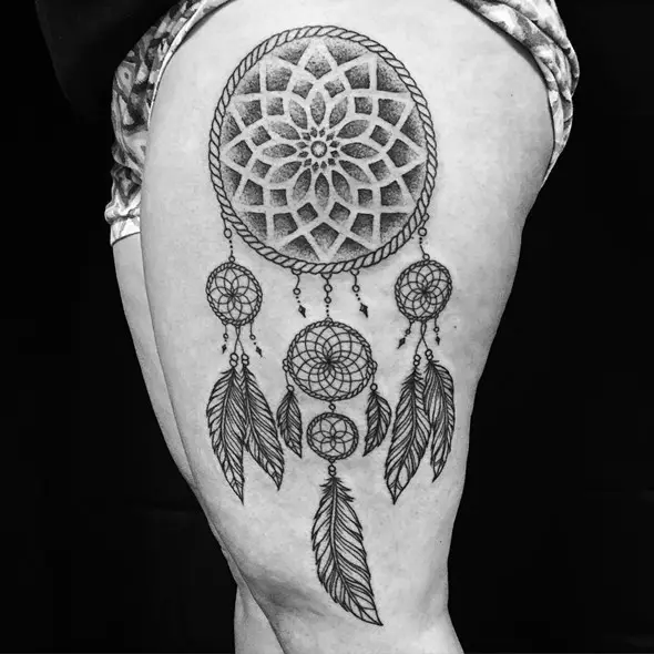 dreamcatcher tattoo on side thigh for girls