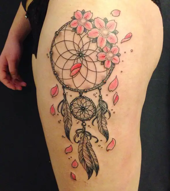 dreamcatcher tattoo on thigh for girls