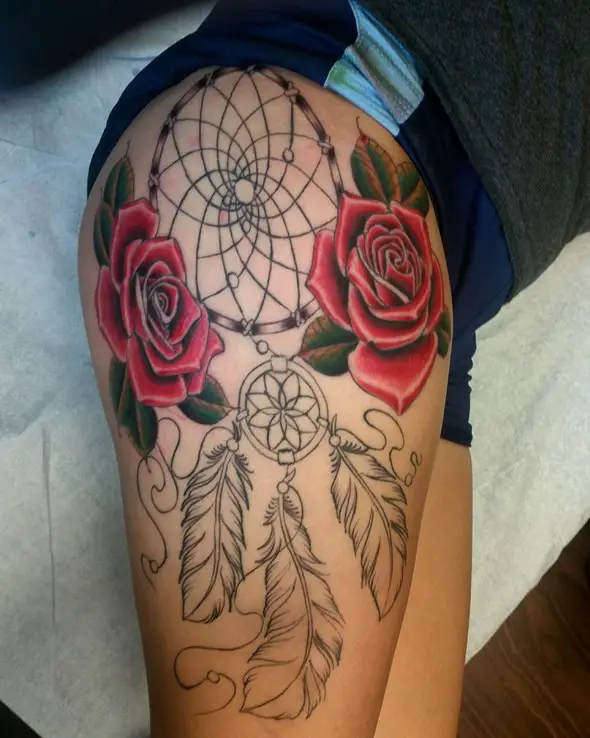 dreamcatcher tattoos on thigh for men