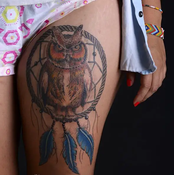 dreamcatcher with owl thigh tattoos