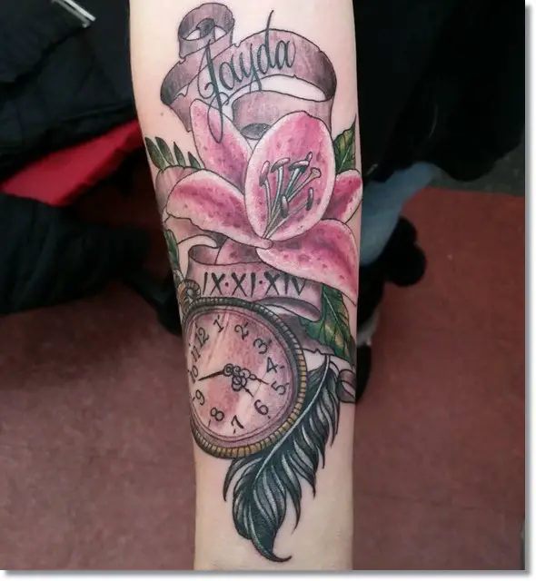 feminine flower and pocket watch tattoo forearm