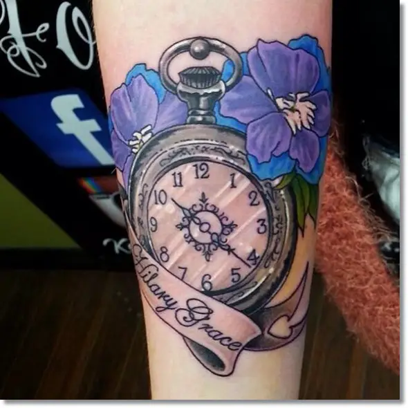 flower and pocket watch tattoo designs