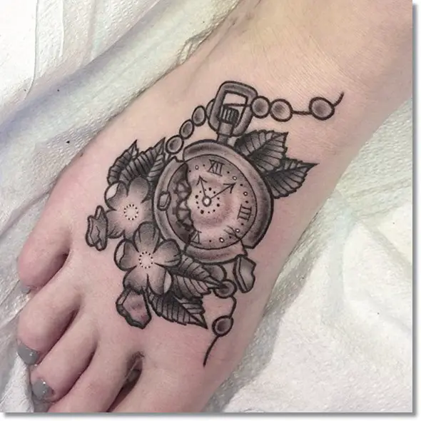 pocket watch broken tattoo design on foot