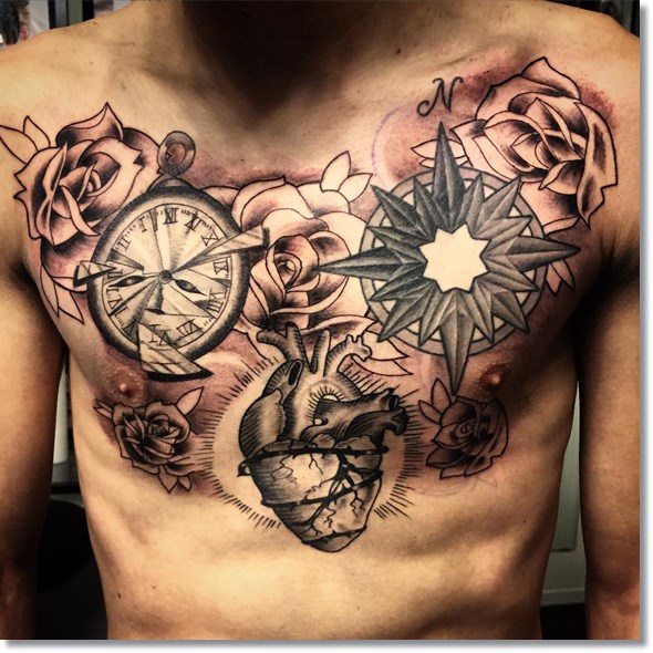 pocket watch compass tattoo on chest