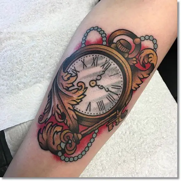 pocket watch tattoo design with key