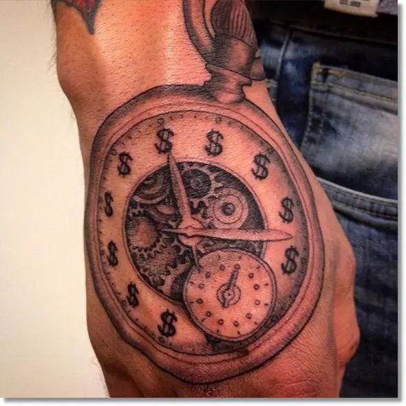 pocket watch tattoo designs on hand