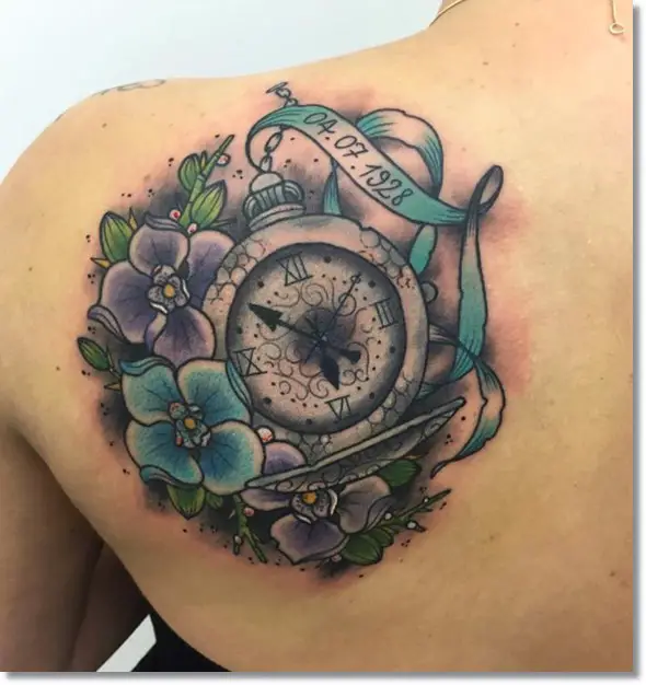 pocket watch tattoo on back