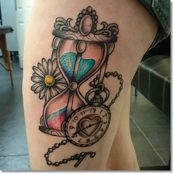 pocket watch tattoo on thigh