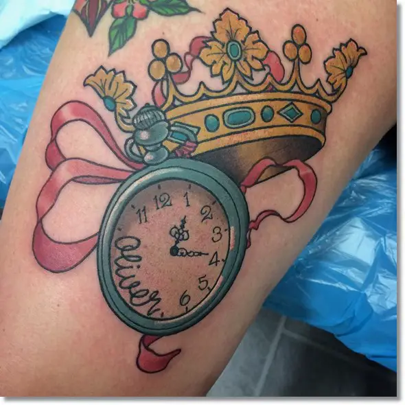 pocket watch tattoo with crown