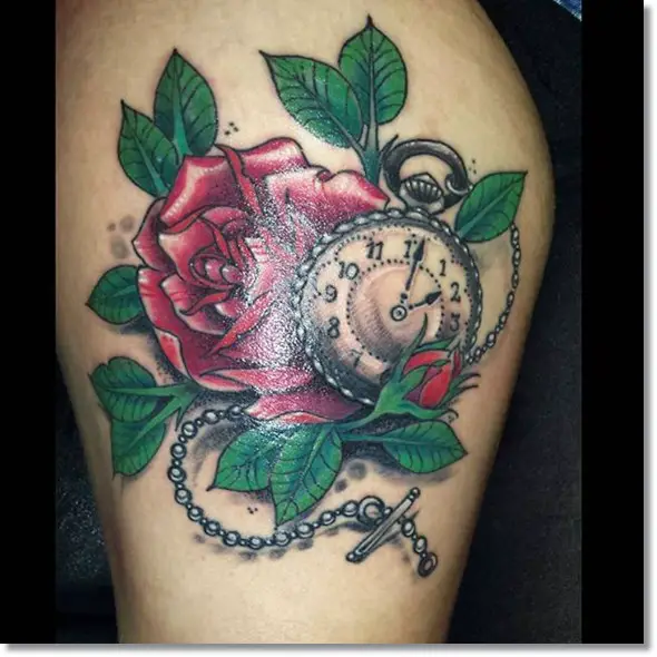 red rose and pocket watch tattoos