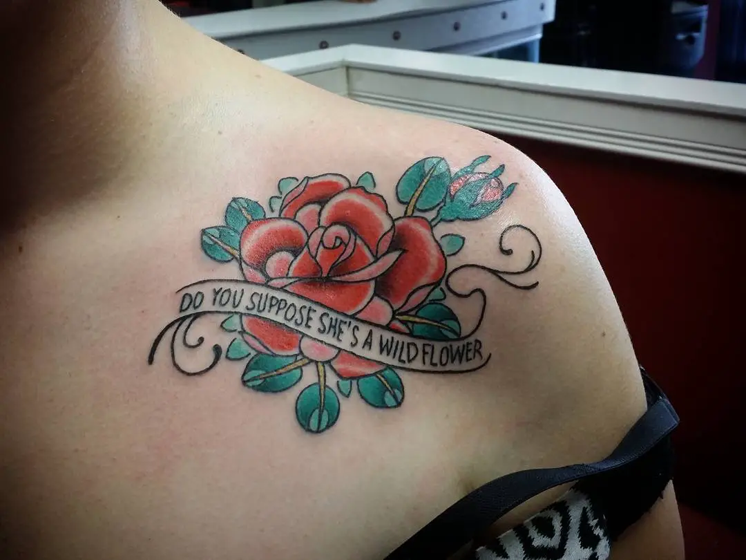 red rose flower collar bone tattoo