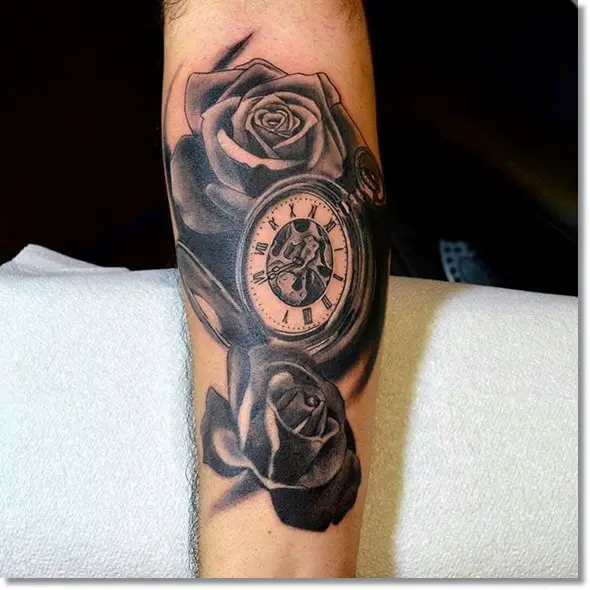 rose and pocket watch tattoo black and grey