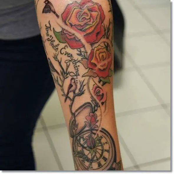 rose and pocket watch tattoo design for girl