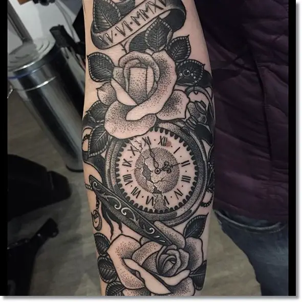 rose and pocket watch tattoo design ideas