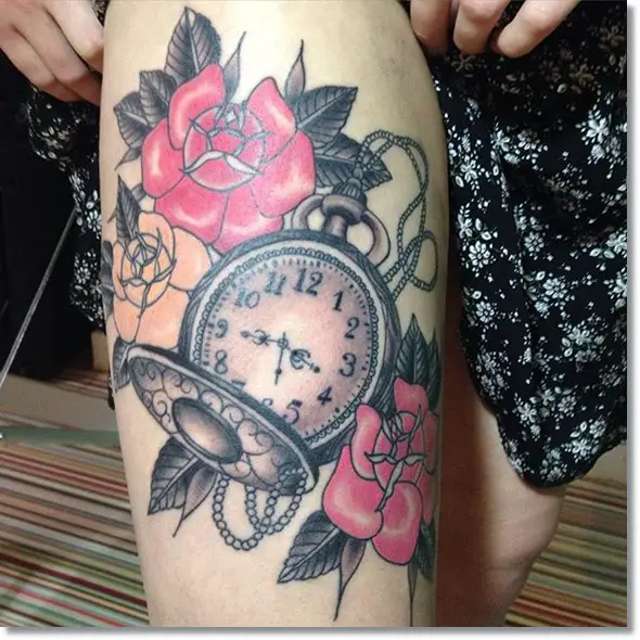 rose and pocket watch tattoo designs