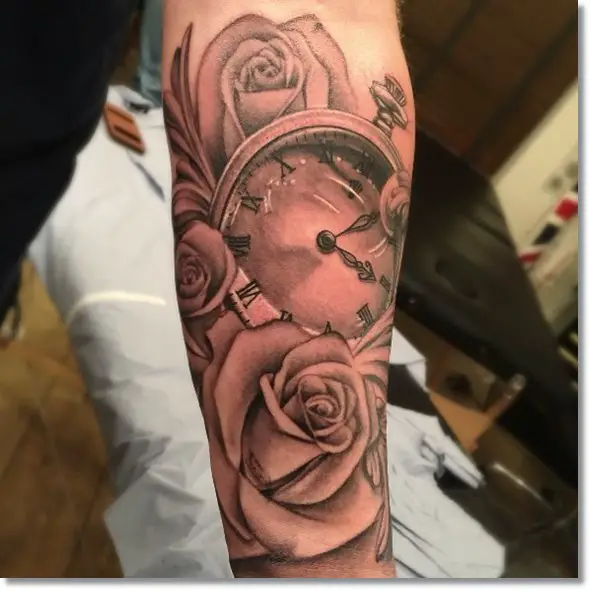 rose and pocket watch tattoo example