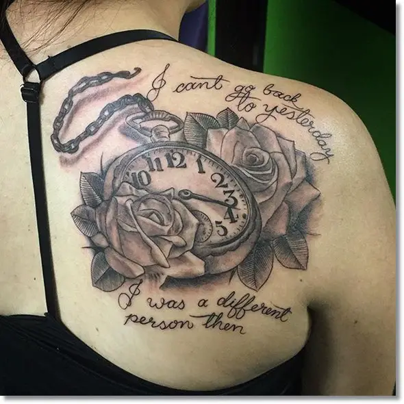 rose and pocket watch tattoo on back shoulder