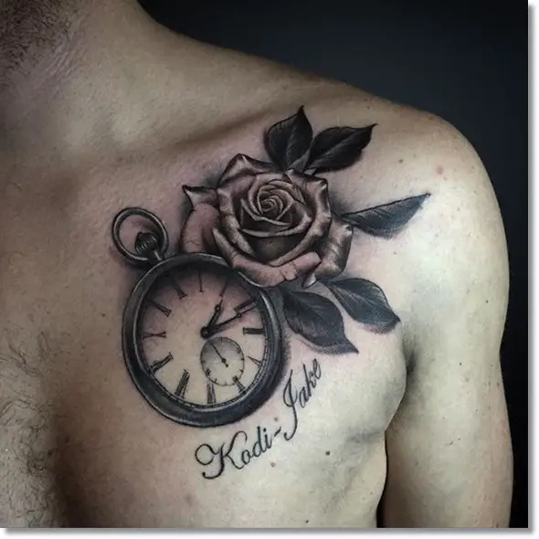 rose and pocket watch tattoo placement on chest